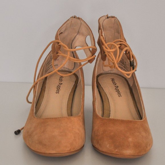 Hush Puppies Suede Ankle Strap Lace Up Nude Camel Block Heels Balletcore summer - Picture 2 of 7